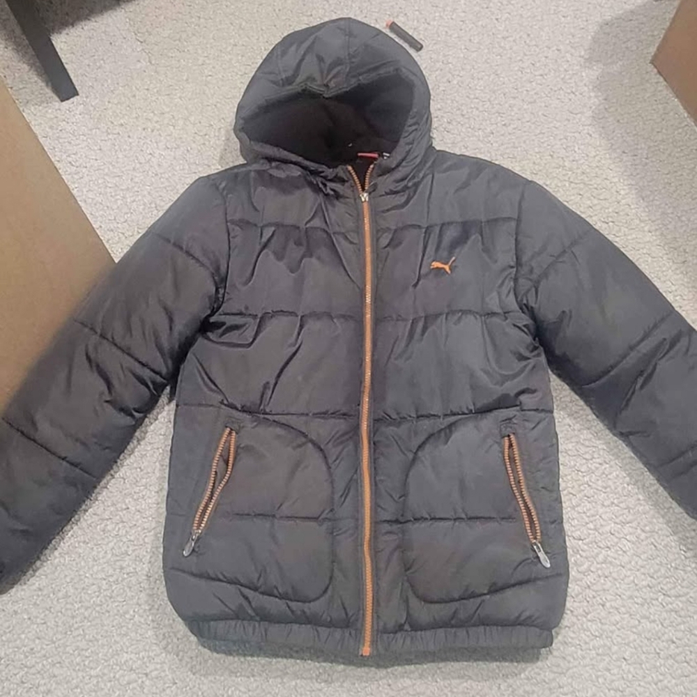 Puma Charcoal Hooded Jacket with Orange Accents. Youth L